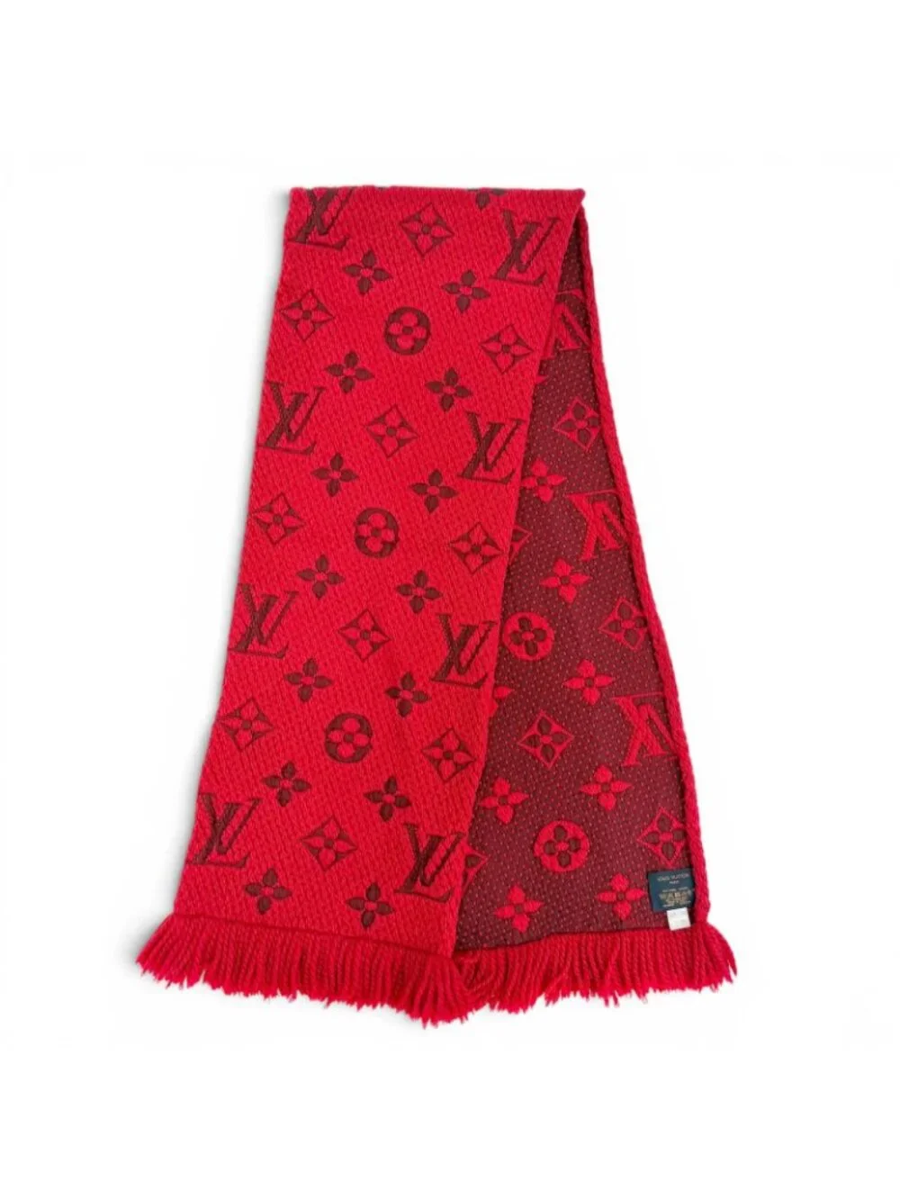 Louis Vuitton Echarpe Logo Mania Wool Silk Ruby Monogram Fringe Scarf
